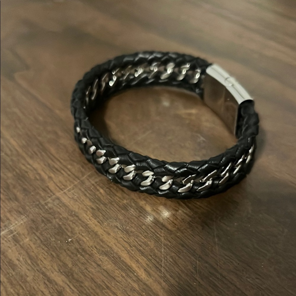 Braided Black Leather and Stainless Steel Bracelet